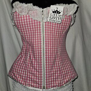 SALE 26"/M PINK GINGHAM DAISY DUKE CORSET COSPLAY TIGHT LACING ZIPPER